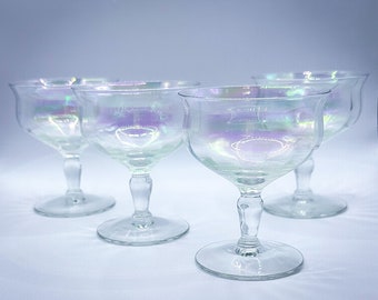Vintage Iridescent Rainbow Clear Tulip Stemmed Champagne Glasses Set of 4