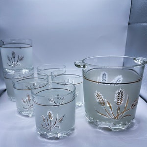 Vintage Frosted Midcentury Wheat Glass Bar Set Ice Bucket & Whiskey Glasses Set of 6