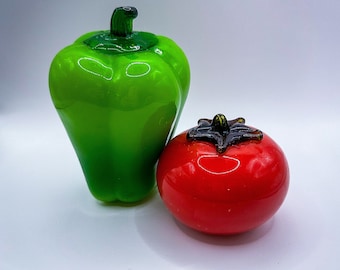 Vintage Glass Murano Style Red Tomato and Green Bell Pepper