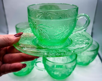 Vintage Chantilly Green Indiana Tiara Sandwich Cup and Saucer Set of 7