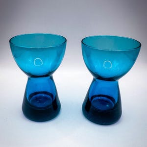 Vintage Morgantown Peacock Blue Glass Cordial or Candle Holders Set of 2