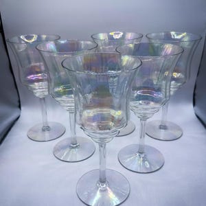 Vintage Iridescent Rainbow Clear Stemmed Glasses Set of 6