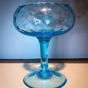 Vintage Empoli Style Diamond Optic Cushion Pattern Stemmed Compote in Aqua Blue - 6 inches tall