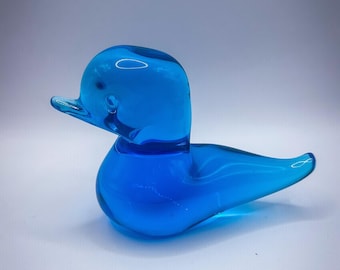 Figura de pájaro de cristal azul cobalto vintage de mediados de siglo