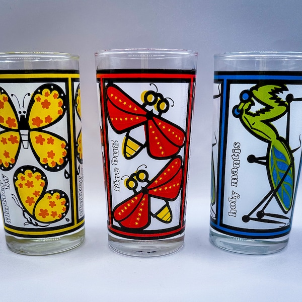 Vintage Bunte Käfer Muster Glas Becher MCM Kitsch Set von 3