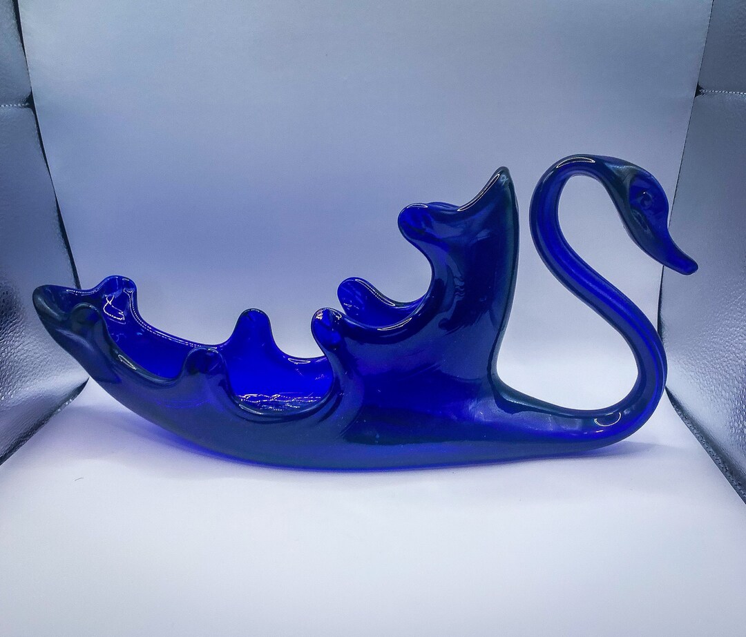 Vintage Swan Glass Centerpiece Vase Cobalt Blue Etsy