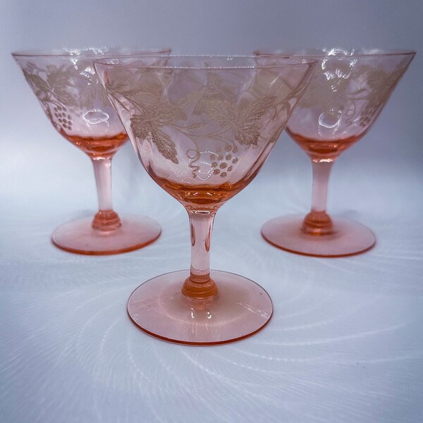 Vintage Pink Depress Etched Grape and Vine Champagne Glasses Set of 3
