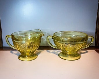 Vintage Yellow Amber Cream and Sugar Federal Sharon Pattern Glass