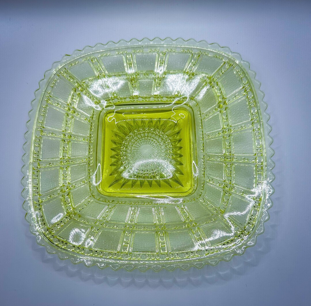 Vintage GLOW Beaded Block Vaseline Glass Plate 8 by 8 Inches Etsy