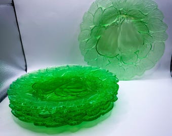 Vintage GLOW uranium zoete peer vaseline depressie glas 6" borden set van 6"