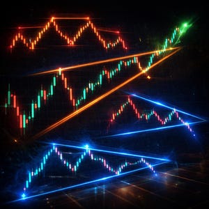 May include: Digital illustration of financial charts with red, green, and blue lines, depicting market trends. The image features upward and downward trends, with neon-colored lines highlighting patterns against a dark background.