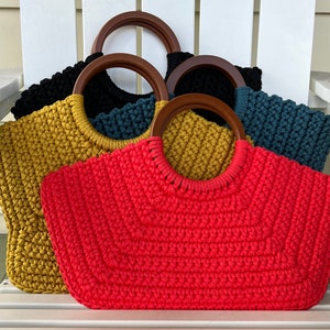 crochet tote with wooden handles, handmade