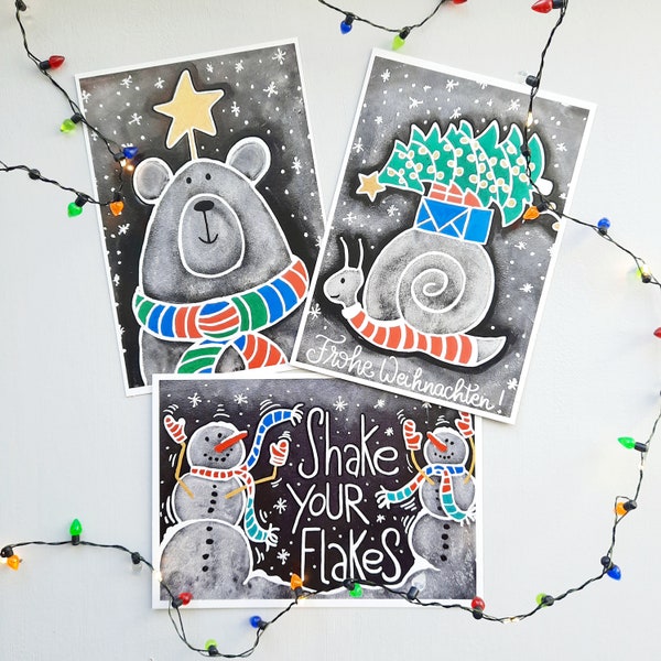 3er SET Weihnachtskarten Postkarten Chalkboard Look