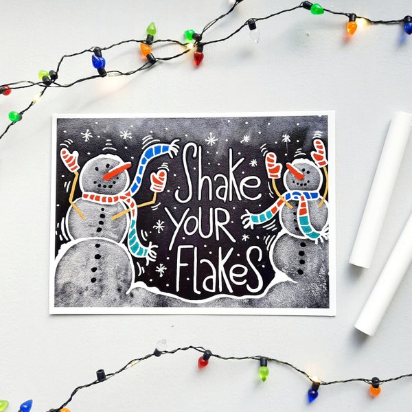 Weihnachtskarte Postkarte Schneemänner A6 Shake your Flakes