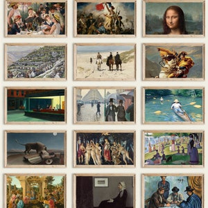 May include: A collage of 15 framed paintings, each depicting a different scene. The paintings are arranged in a grid pattern, with three rows of five paintings each. The paintings include a variety of subjects, such as landscapes, portraits, and still lifes. The paintings are all in different styles, from realistic to abstract.