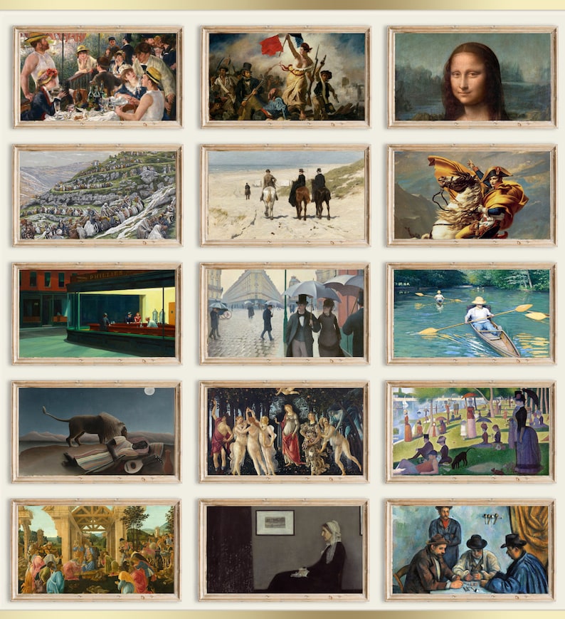 May include: A collage of 15 framed paintings, each depicting a different scene. The paintings are arranged in a grid pattern, with three rows of five paintings each. The paintings include a variety of subjects, such as landscapes, portraits, and still lifes. The paintings are all in different styles, from realistic to abstract.