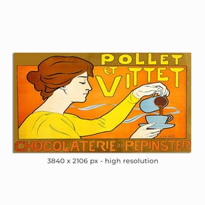 Op de afbeelding: Een vintage advertentie voor Pollet et Vittet Chocolaterie de Pepinster. De advertentie toont een vrouw die chocolade uit een kan in een kopje giet. De tekst "Pollet et Vittet" staat in grote, vetgedrukte letters bovenaan de advertentie, en de tekst "Chocolaterie de Pepinster" staat in kleinere letters onderaan.