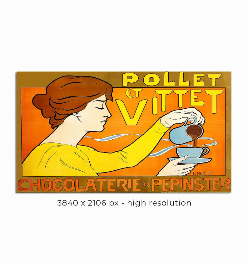 Op de afbeelding: Een vintage advertentie voor Pollet et Vittet Chocolaterie de Pepinster. De advertentie toont een vrouw die chocolade uit een kan in een kopje giet. De tekst "Pollet et Vittet" staat in grote, vetgedrukte letters bovenaan de advertentie, en de tekst "Chocolaterie de Pepinster" staat in kleinere letters onderaan.
