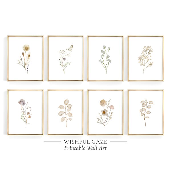 Set van 8 Wildflower Prints Neutral Gallery Wall Printable Country Cottage Style Wall Decor Minimalistische Botanische Prints Illustratie