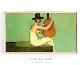 May include: A framed digital art print titled WISHFUL GAZE Frame TV Art featuring a painting of a person in a black hat and pale yellow dress sitting on a dark ledge while holding a wooden acoustic guitar against a solid light green background.