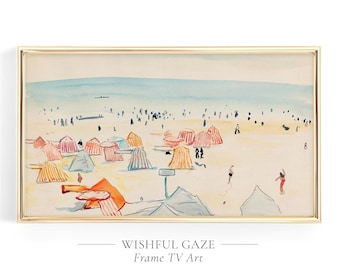 Vintage strandschilderij, neutrale kustkunst voor Samsung Frame TV (digitale download)