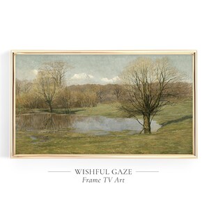 LAKE Frame TV Art Autumn Landscape, Samsung Frame TV Vintage Fall Painting, Tv Art Dark Green, Lakeside Frame Tv Trees, Monotone Muted Tones