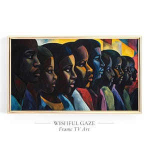 May include: A painting titled "Wishful Gaze" by Frame TV Art, depicting a row of Black children with their faces turned to the side, looking hopeful and expectant. The painting is done in a dark, stylized, and expressive manner, with a focus on the children's faces and expressions.
