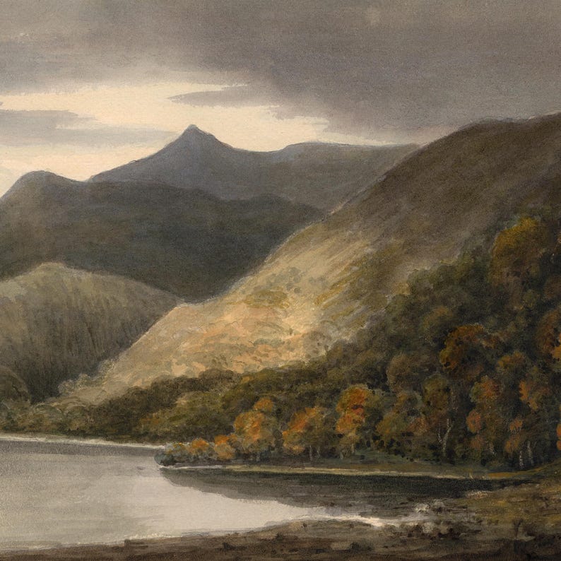 May include: A watercolour landscape painting showing a tranquil lake scene with hills and mountains under a cloudy sky. The foreground features the lake's edge, with trees in autumnal hues along the shore. The colour scheme is subdued, with greens, browns, and greys.
