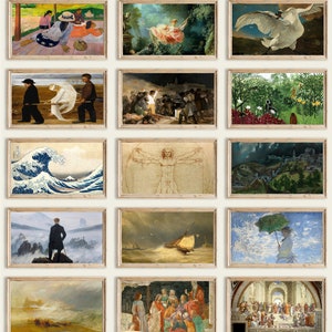 May include: A collage of 12 framed paintings, each depicting a different scene. The paintings are arranged in a grid pattern, with a wooden frame around each one. The paintings include a variety of subjects, such as landscapes, portraits, and still lifes.