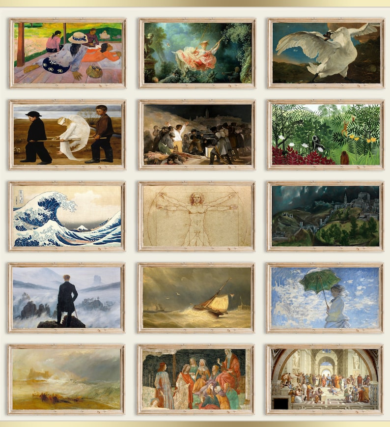 May include: A collage of 12 framed paintings, each depicting a different scene. The paintings are arranged in a grid pattern, with a wooden frame around each one. The paintings include a variety of subjects, such as landscapes, portraits, and still lifes.