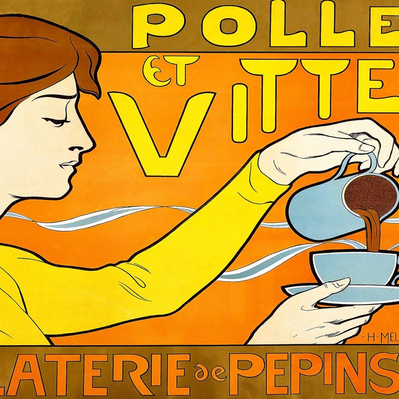 Op de afbeelding: Een vintage advertentie voor "Polle et Vite" koffie, met een vrouw die koffie giet uit een blauwe pot in een wit kopje. De tekst "Polle et Vite" staat in grote, vetgedrukte letters, en de achtergrond is een levendig oranje met blauwe en witte accenten.