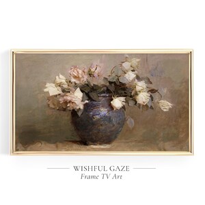 May include: A painting depicting a bouquet of white roses arranged in a blue and brown vase. The roses are positioned in a relaxed, natural manner, and the vase is situated on a table. The background is a soft, muted colour.