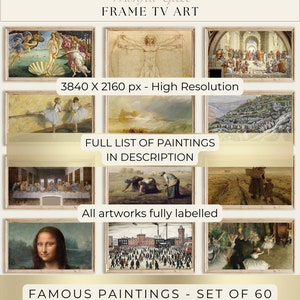 May include: A collage of 60 famous paintings, including The Last Supper, The Birth of Venus, and The Mona Lisa. The paintings are arranged in a grid pattern and are all framed in gold. The text "Famous Paintings - Set of 60" is at the bottom of the collage.