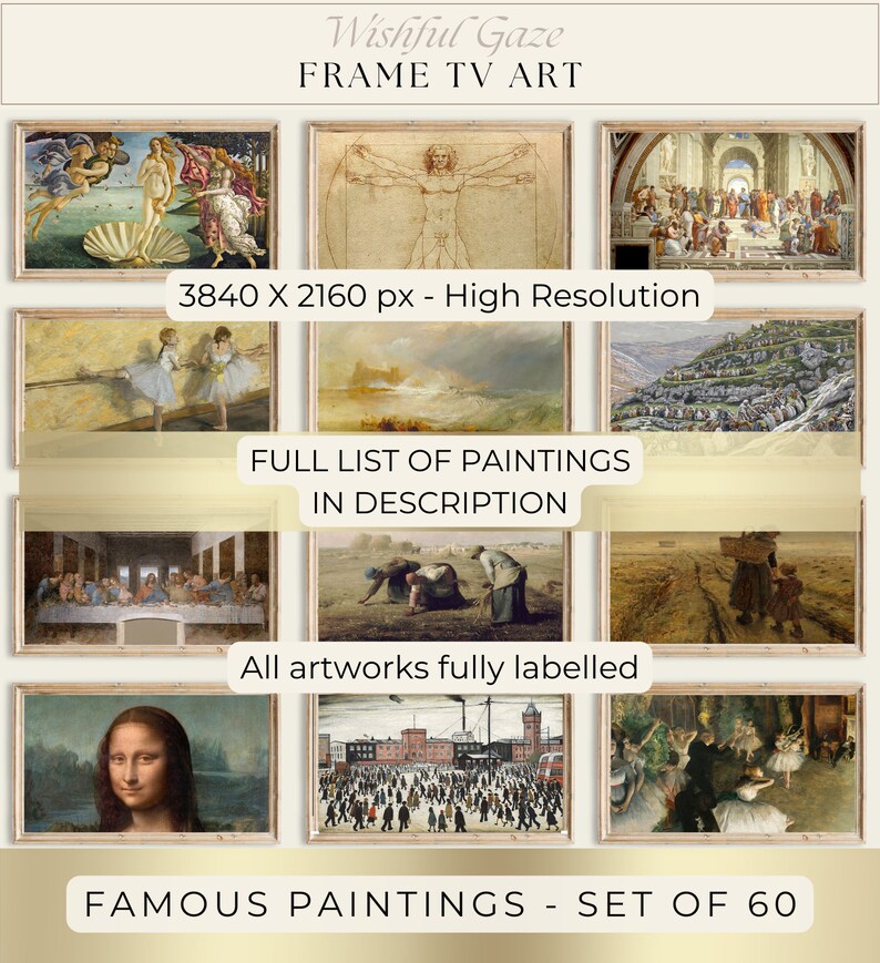 May include: A collage of 60 famous paintings, including The Last Supper, The Birth of Venus, and The Mona Lisa. The paintings are arranged in a grid pattern and are all framed in gold. The text "Famous Paintings - Set of 60" is at the bottom of the collage.