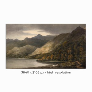 May include: A watercolour painting of a tranquil lake scene with mountains and hills under a cloudy sky. The artwork uses greens, browns, and blues, with autumnal colours in the trees. The image is high resolution.
