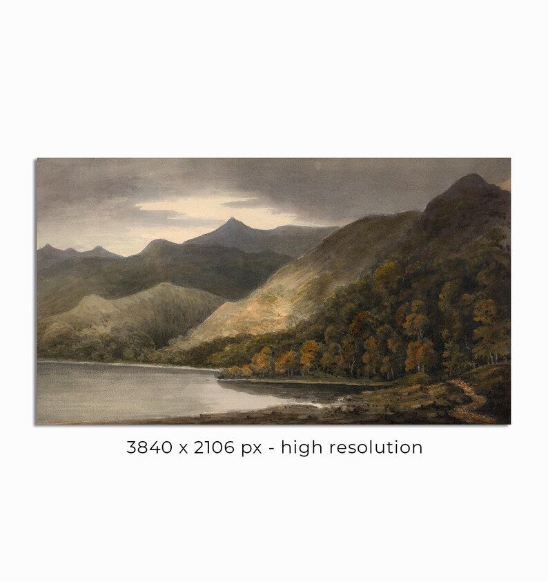 May include: A watercolour painting of a tranquil lake scene with mountains and hills under a cloudy sky. The artwork uses greens, browns, and blues, with autumnal colours in the trees. The image is high resolution.