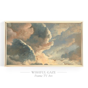 Puede incluir: Una pintura enmarcada de un cielo nublado en tonos azules, grises y rosados. La pintura se titula "Wishful Gaze" y es de Frame TV Art.
