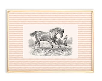 May include: A framed wall art print featuring a black and white vintage-style illustration of a horse and a foal running in a field. The central image is set against a light pink background with horizontal white stripes, enclosed in a gold frame.