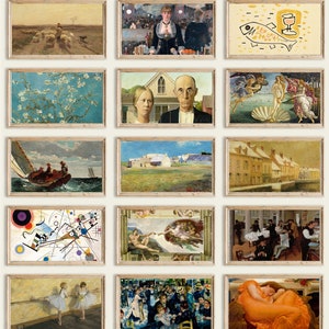 May include: A collage of 15 framed paintings, each depicting a different scene. The paintings include a landscape with sheep, a portrait of two people, a still life with a fish and a glass, a floral scene, a portrait of a couple, a seascape with a sailboat, an abstract painting with geometric shapes, a religious scene with two figures reaching towards each other, a scene of people gathered around a table, a ballet scene with two dancers, a scene of people gathered in a park, and a reclining nude figure.