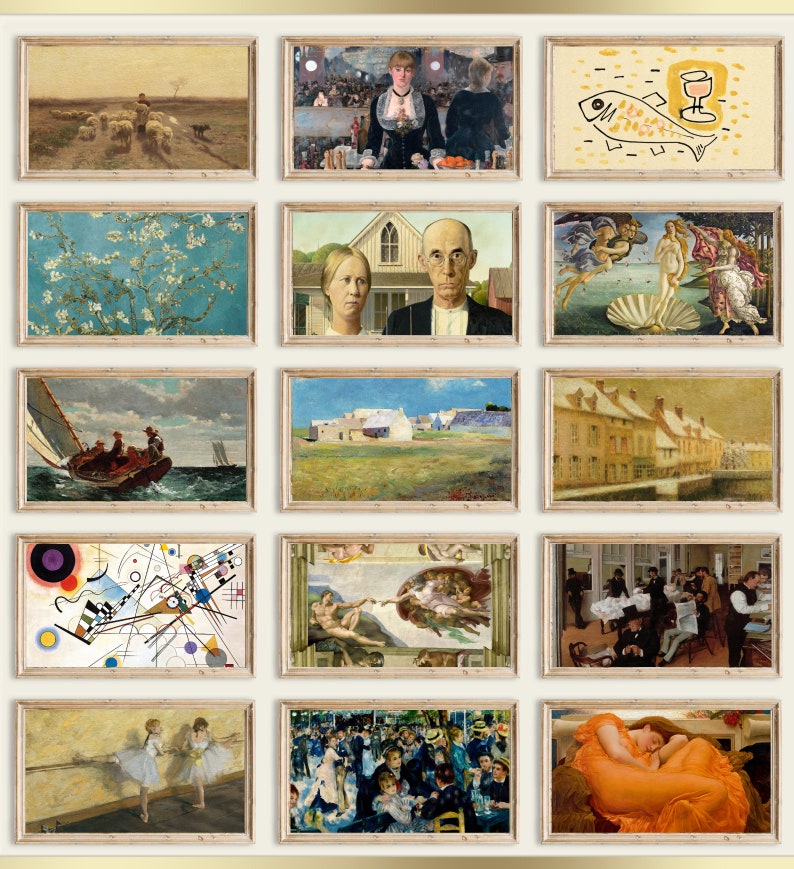 May include: A collage of 15 framed paintings, each depicting a different scene. The paintings include a landscape with sheep, a portrait of two people, a still life with a fish and a glass, a floral scene, a portrait of a couple, a seascape with a sailboat, an abstract painting with geometric shapes, a religious scene with two figures reaching towards each other, a scene of people gathered around a table, a ballet scene with two dancers, a scene of people gathered in a park, and a reclining nude figure.