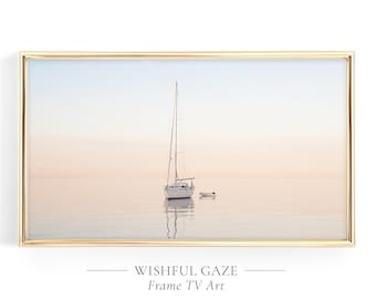Samsung Frame TV Art、ミニマリストな帆船の海岸写真（デジタルダウンロード）