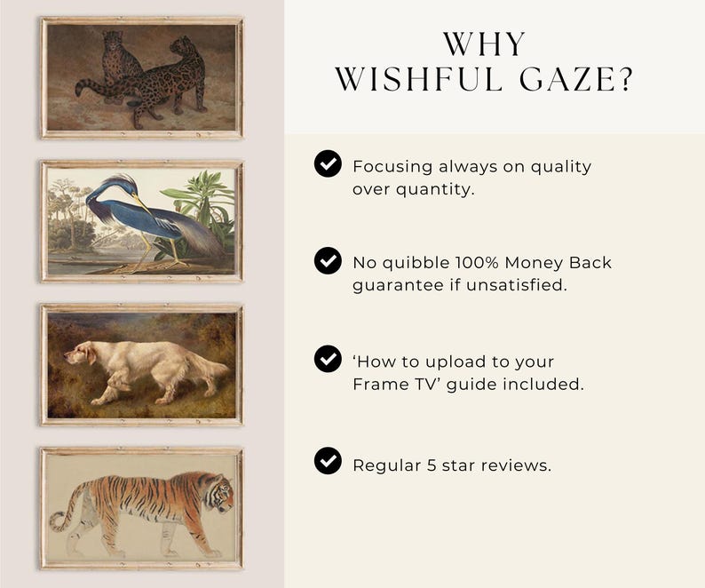 May include: Four framed vintage-style animal prints: leopards, a heron, a dog, and a tiger. The prints are displayed with the text "WHY WISHFUL GAZE?" and bullet points about quality, guarantee, and reviews.