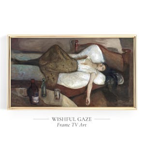 Samsung Frame TV Art Portrait Painting, Woman Lying On Bed Painting, Dark and Moody, Beautiful Art, Frame TV Edvard Munch