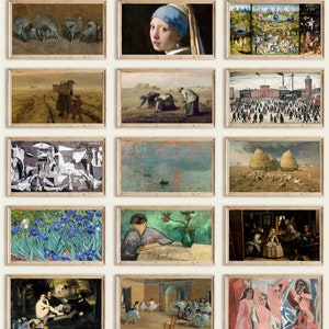 May include: A collage of 15 framed paintings, each depicting a different scene. The paintings are arranged in a grid pattern, with a variety of styles and subjects. Some of the paintings are abstract, while others are more realistic. The paintings are all framed in a simple, wooden frame.
