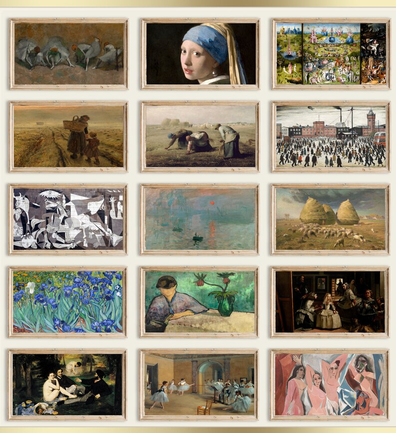 May include: A collage of 15 framed paintings, each depicting a different scene. The paintings are arranged in a grid pattern, with a variety of styles and subjects. Some of the paintings are abstract, while others are more realistic. The paintings are all framed in a simple, wooden frame.