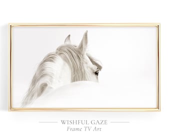 May include: A black and white photograph of a white horse's head and neck, looking off to the side. The horse's mane is flowing and the background is a soft white.