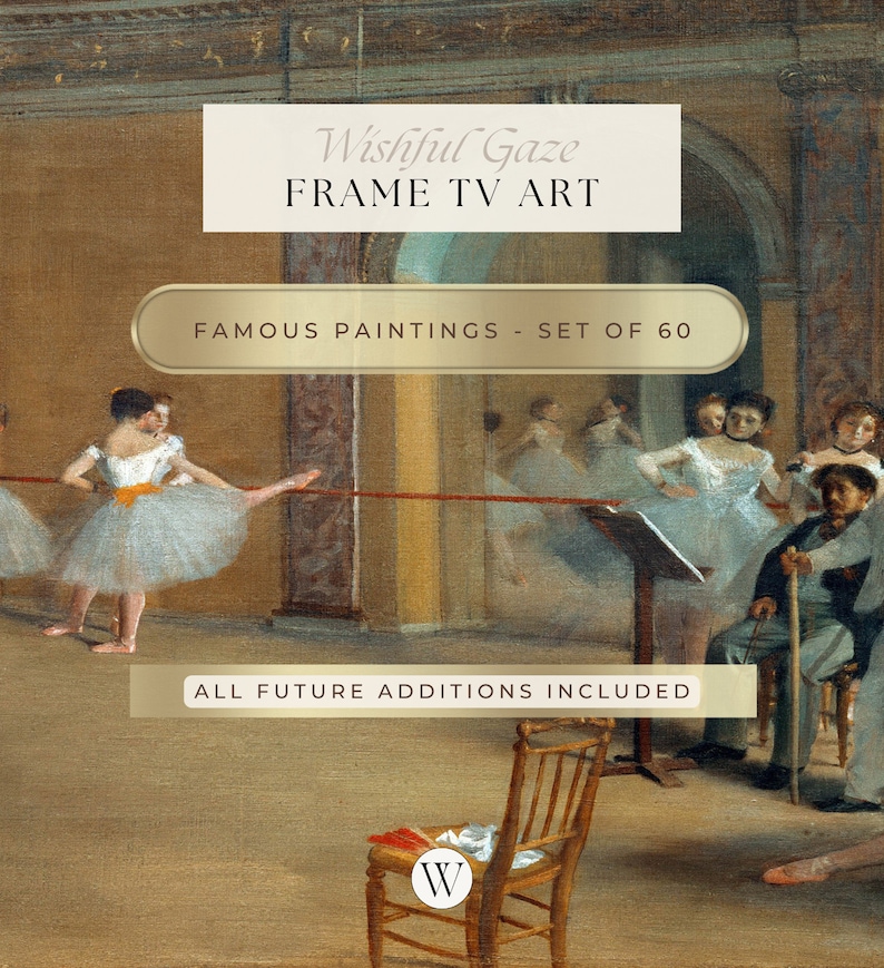 May include: A framed print of a painting depicting a ballet class. The dancers are wearing white tutus and are practicing their moves. The painting is titled "Wishful Gaze" and is part of a set of 60 famous paintings. The text "FRAME TV ART" and "ALL FUTURE ADDITIONS INCLUDED" is also visible on the print.