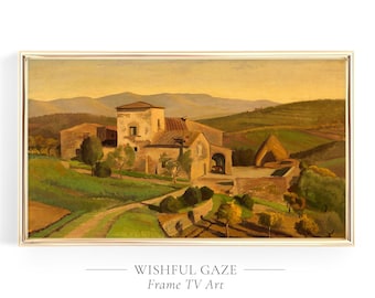 May include: A framed landscape painting depicts a rural scene with buildings, trees, and rolling hills under a warm, golden sky. The artwork, titled "Wishful Gaze," is presented in a gold frame, adding a touch of elegance to the pastoral view.