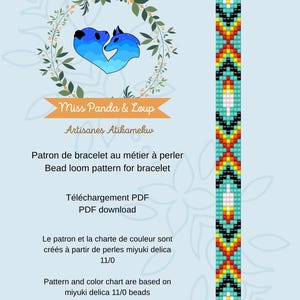 May include: A digital bead loom pattern for a bracelet, featuring a colorful geometric design in turquoise, black, yellow, and red. The pattern includes the text "Miss Panda & Loup" and "Artisanes Atikamekw". The pattern is based on miyuki delica 11/0 beads.