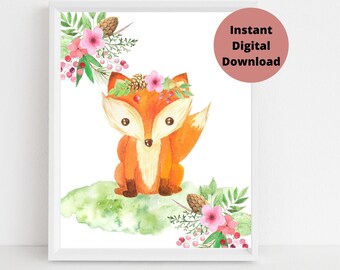 Girls Fox Bedroom Art, Nursery DIY Print, Pink Floral Wall Art, Boho Flower Decor, Instant Woodland Download, Watercolor Forest Animal